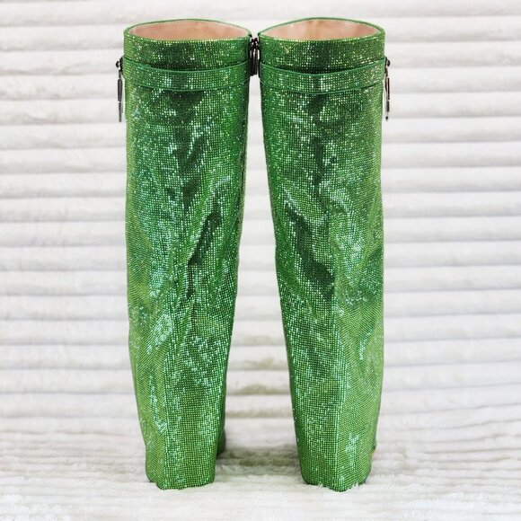 Super Sparkle Sharky Green Rhinestone Skirted Fold Over Wedge Heel Knee Boots - Picture 6 of 14